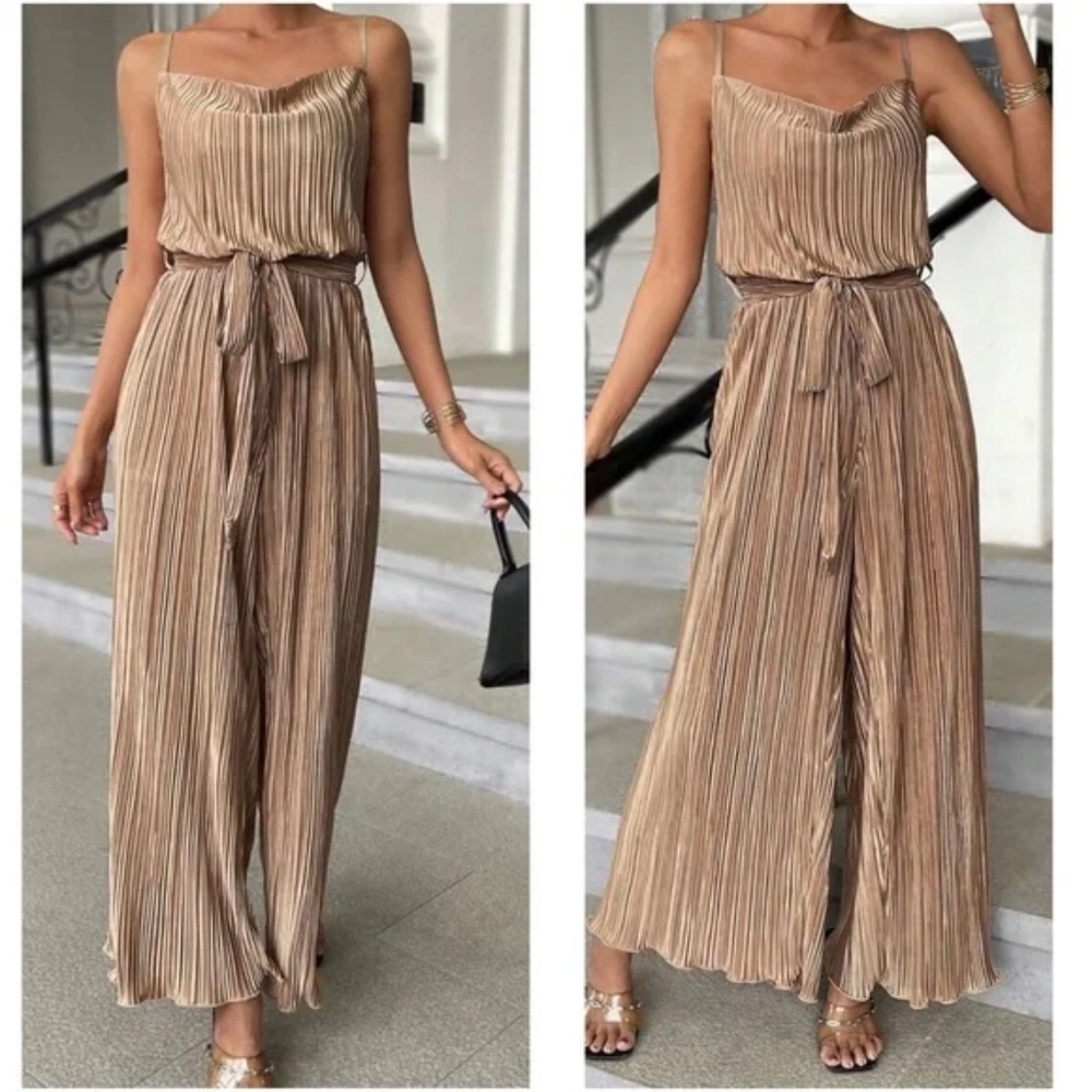 Luxe Dark Green Pleated Belted Wide Leg Cami Jumpsuit - Picture 5 of 7